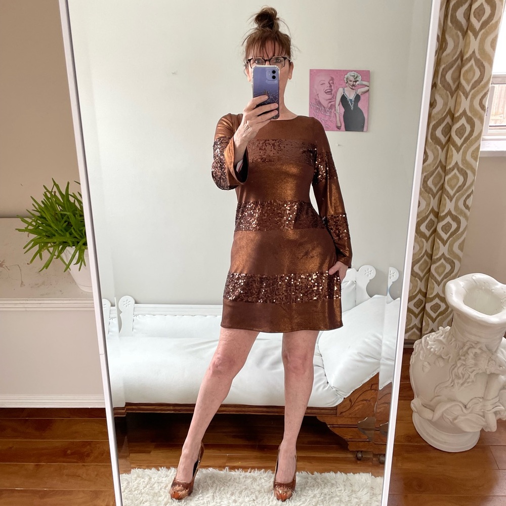 OLEG CASSINI COPPER SHIMMER DRESS SEQUIN LONG BELL SLEEVES OPEN FIT METALLIC